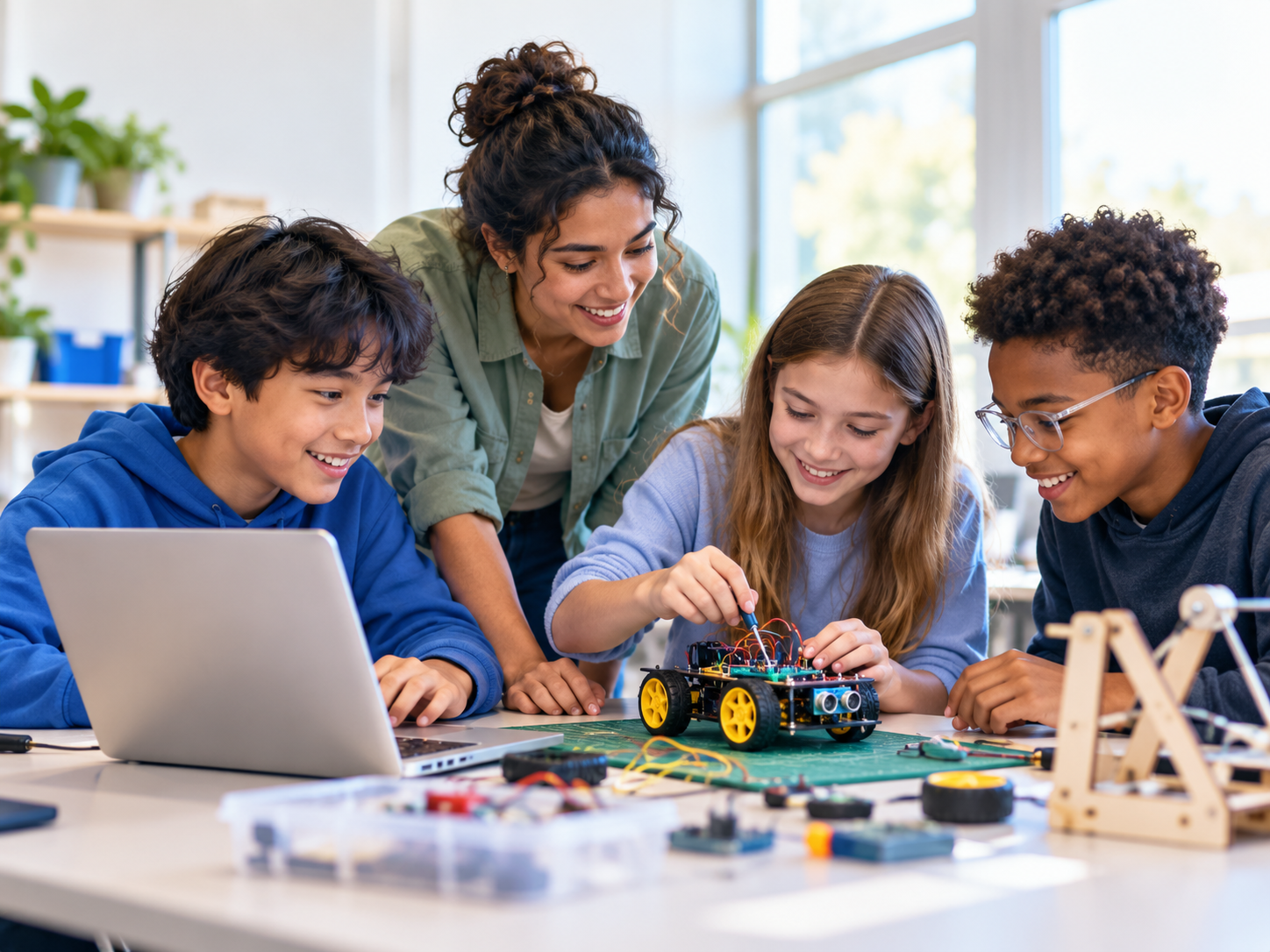 Students and an instructor build a robotics project together